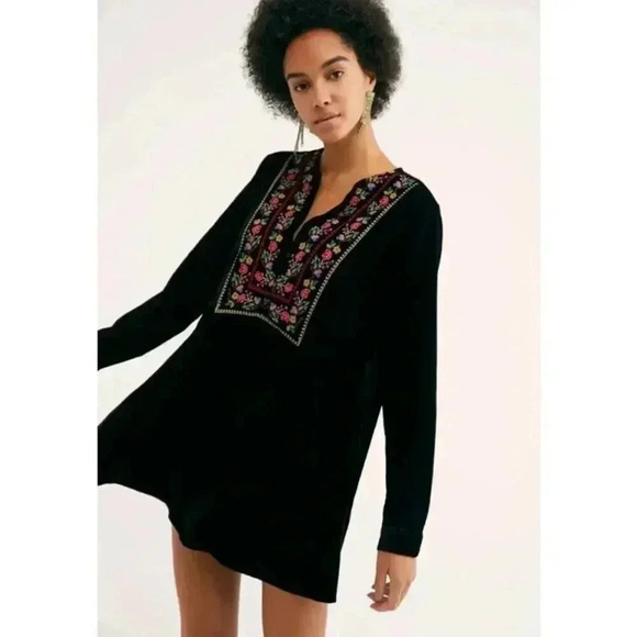 Free People Always Forever Black Velvet Embroidered Tunic Dress XS Oversized - Picture 1 of 12